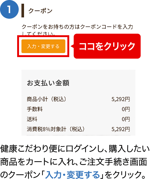 健康こだわり便にログインし、購入したい商品をカートに入れ、ご注文手続き画面のクーポン「入力・変更する」をクリック。