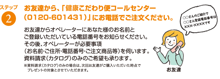 ステップ２　お友達から、「健康こだわり便コールセンター（0120-601431）」にお電話でご注文ください。