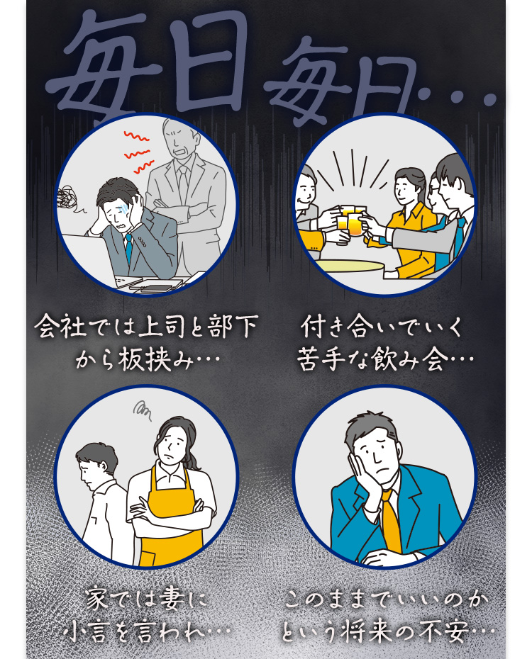 毎日毎日 会社では上司と部下から板挟み 付き合いでいく苦手な飲み会 家では妻に小言を言われ このままでいいのかという将来の不安