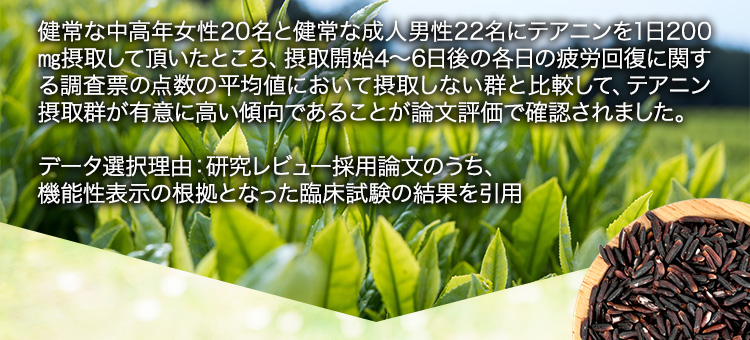 健常な中高年女性20名と健常な成人男性22名にテアニンを1日200㎎摂取して頂いたところ、摂取開始4～6日後の各日の疲労回復に関する調査票の点数の平均値において摂取しない群と比較して、テアニン摂取群が有意に高い傾向であることが論文評価で確認されました。データ選択理由：研究レビュー採用論文のうち、機能性表示の根拠となった臨床試験の結果を引用