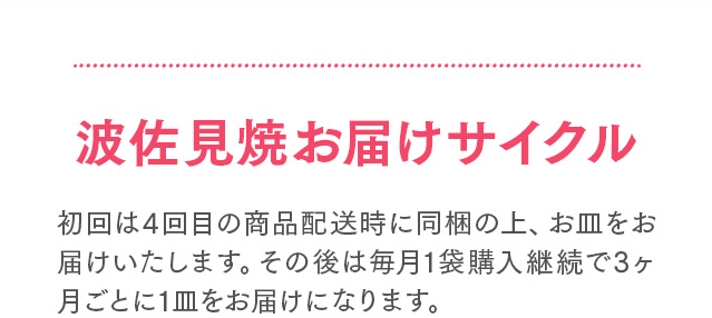 波佐見焼お届けサイクル 初回は4回目の商品配送時に同梱の上、お皿をお届けいたします。その後は毎月1袋購入継続で3ヶ月ごとに1皿をお届けになります。