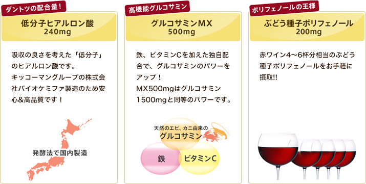 低分子ヒアルロン酸240mg 高機能グルコサミン500mg ぶどう種子ポリフェノール200mg